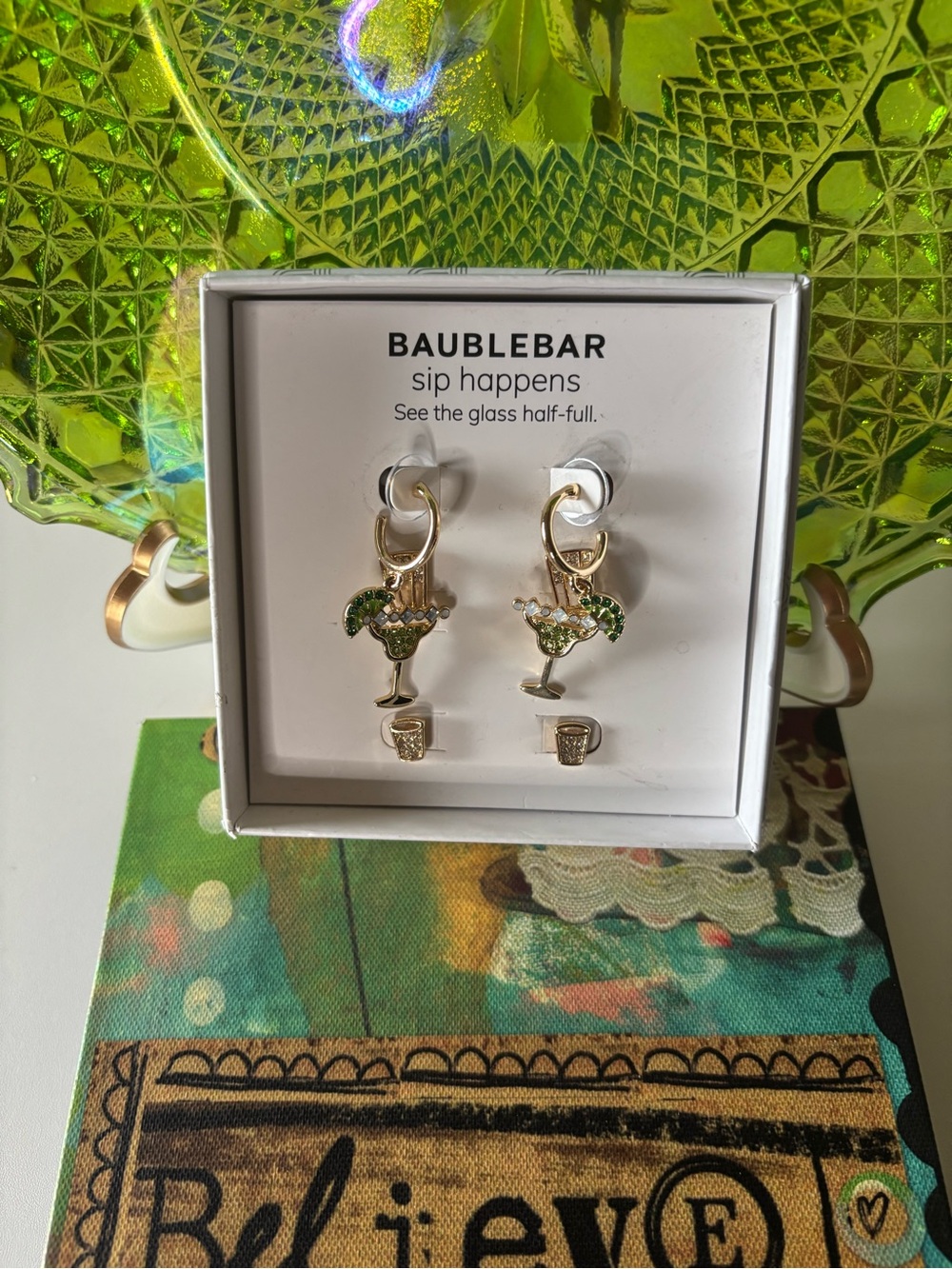 BAUBLEBAR “Sip Happens” Gold-tone Green Enamel Cocktail Drop Earrings, NWT